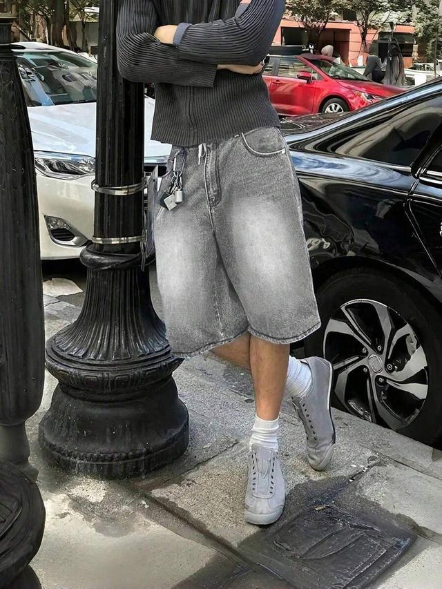 men's loose fit wide leg grey denim jorts