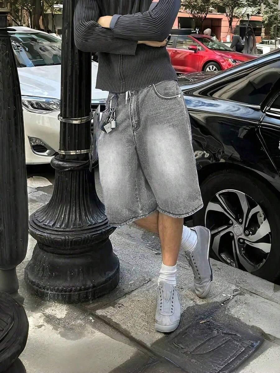 men's loose fit wide leg grey denim jorts