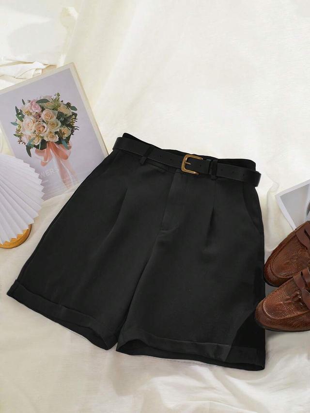 inawly women casual solid color cuffed shorts