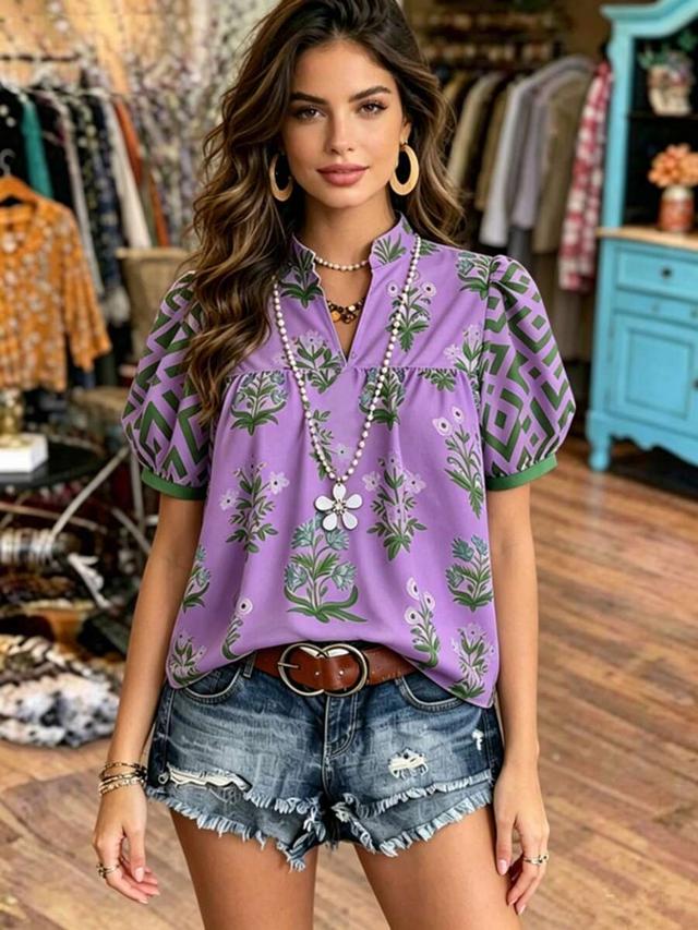 bohemian printed puff sleeve henley collar shirt