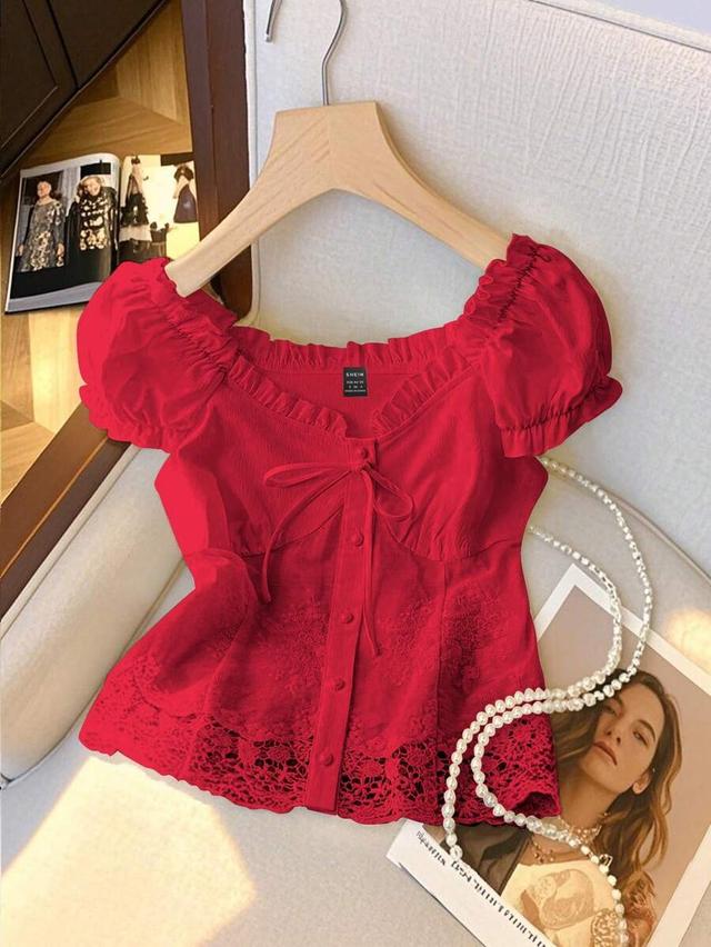 red lace trim tie front cropped blouse