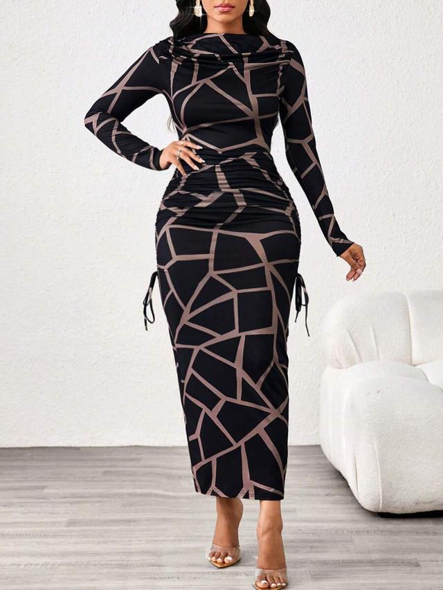 leopard print slim fit long sleeve boat neck dress