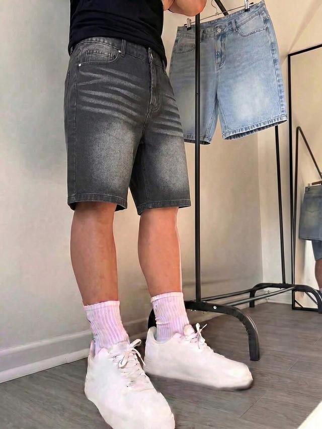 light blue men's summer cotton denim shorts with pockets
