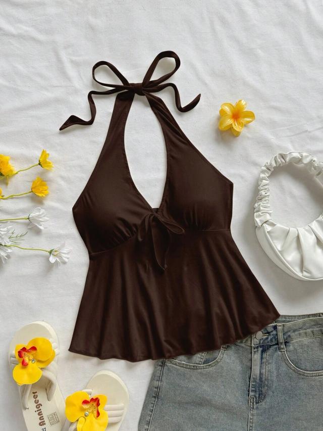 brown v-neck halter backless babydoll top