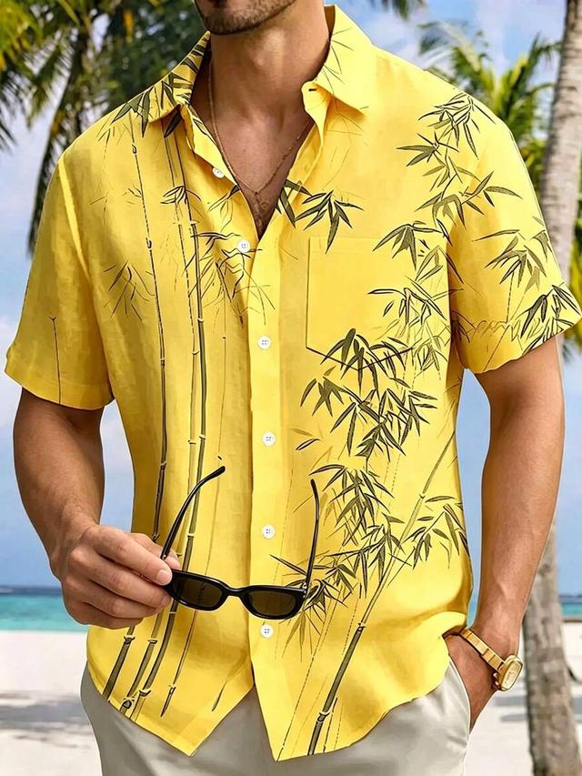 vintage bamboo leaf print men's loose short sleeve shirt