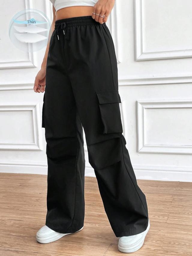 black drawstring cargo pants with side pockets