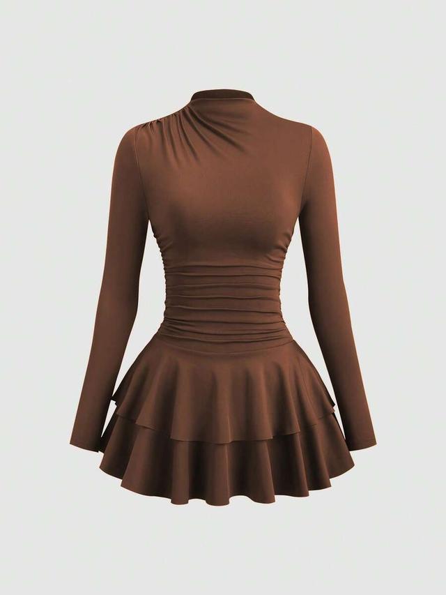 red long sleeve high neck ruched waist vintage dress