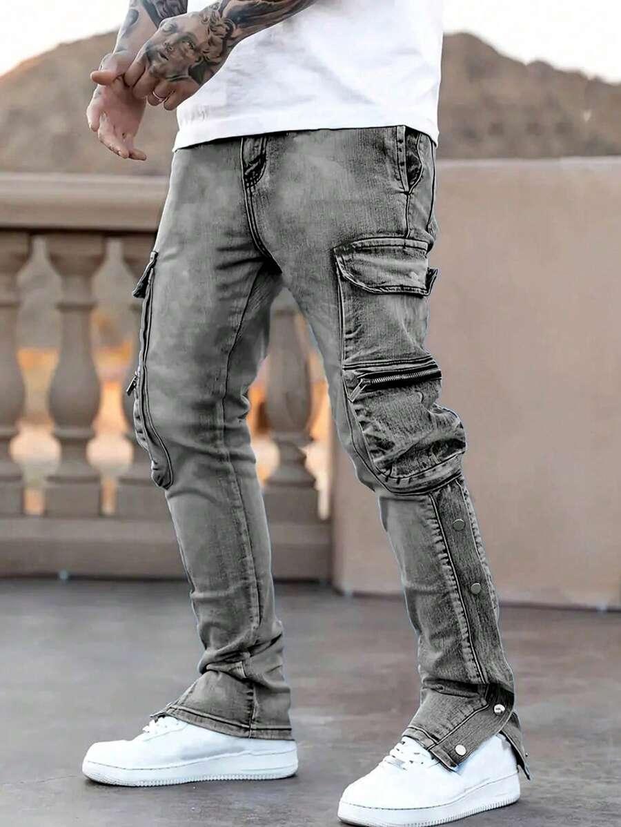 men's grey washed multi-pocket denim cargo jeans