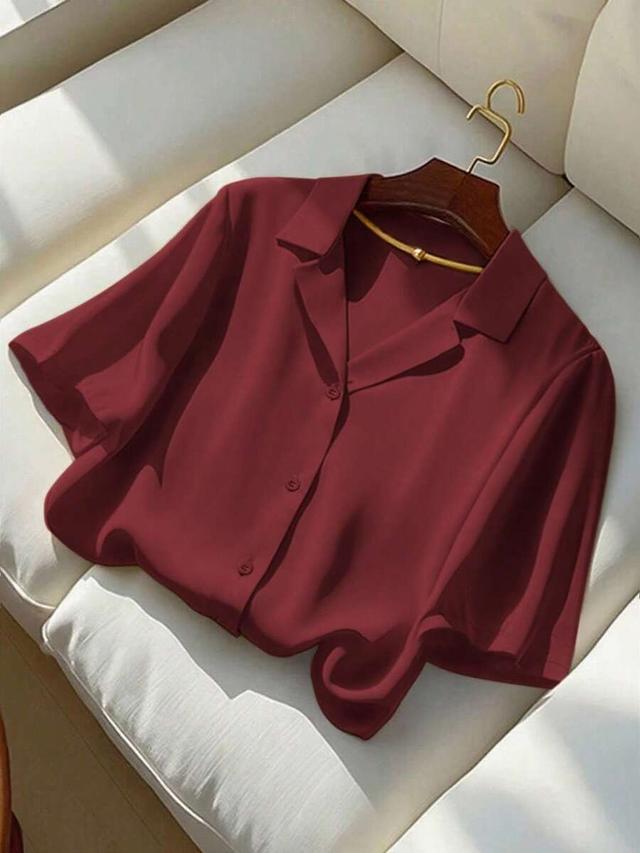 burgundy solid color turndown collar short sleeve shirt