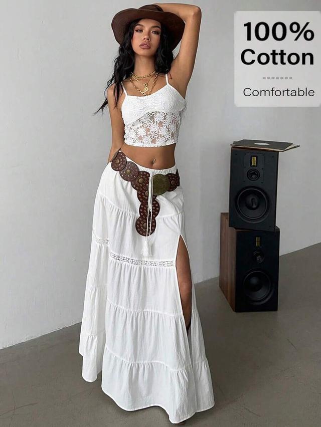 white cotton tiered maxi skirt with lace trim