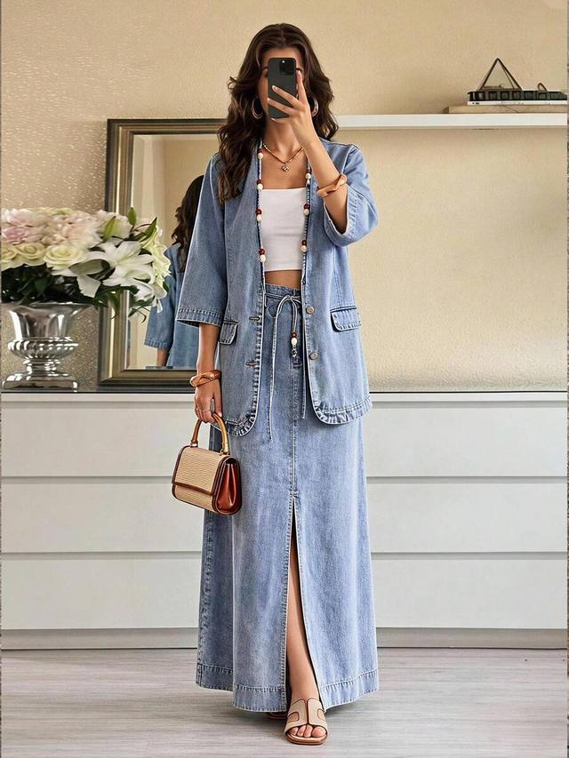 selenza women's tie-waist split hem long casual denim midi skirt