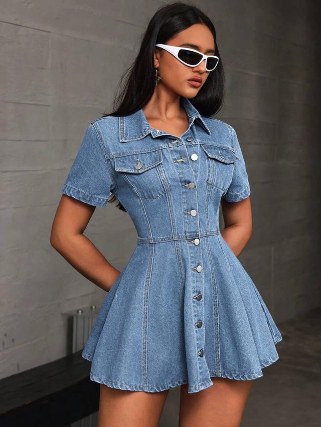 denim button-down fit and flare mini dress