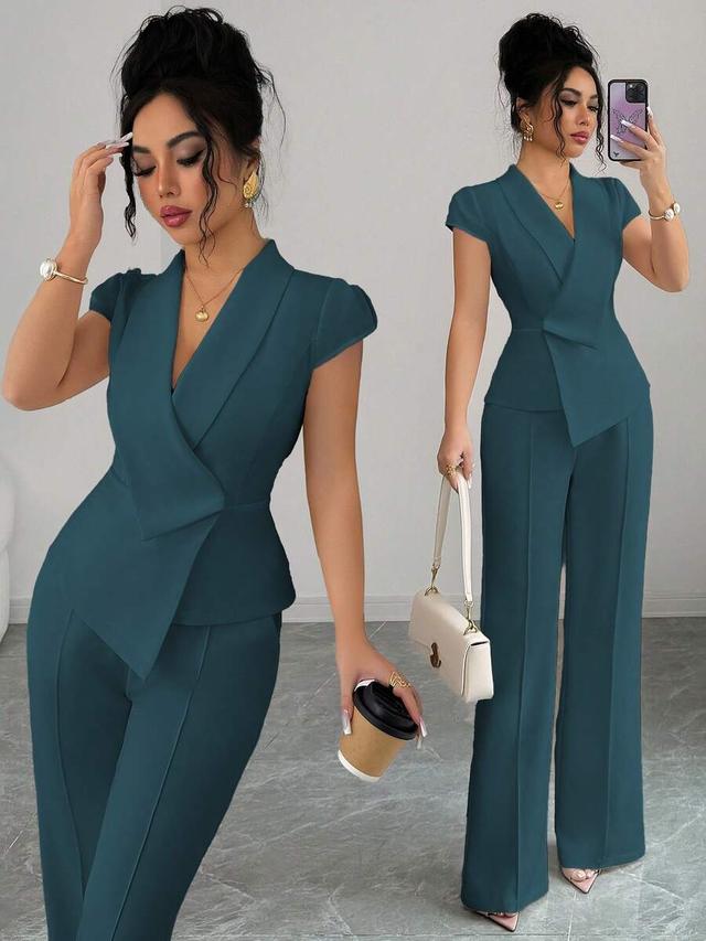 teal asymmetrical crossed collar blouse and wide-leg trousers set