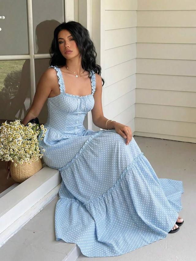 light blue polka dot ruffled tiered maxi dress