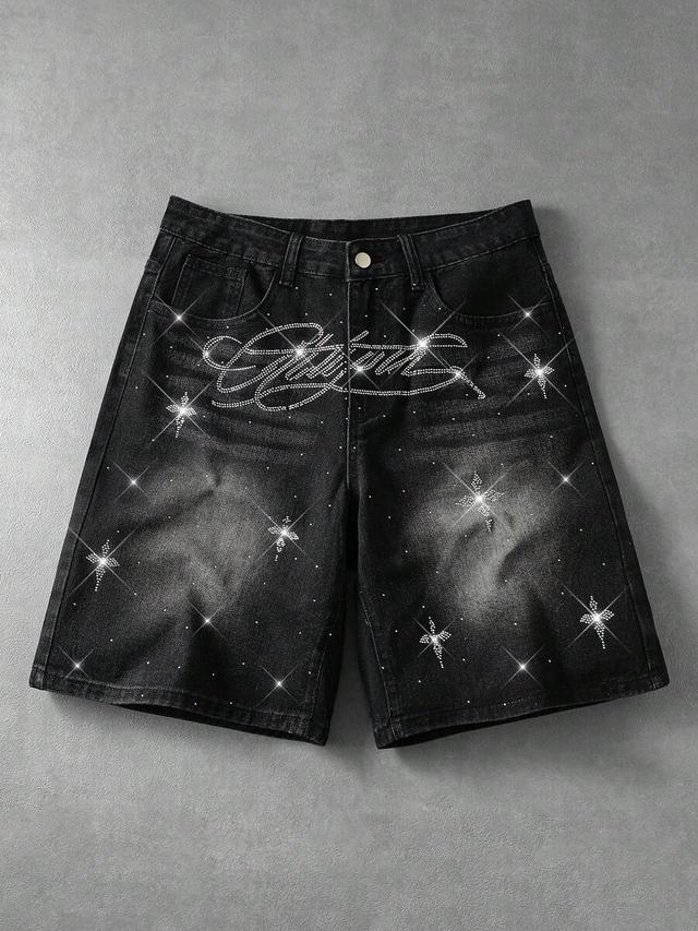 black rhinestone letter denim casual shorts