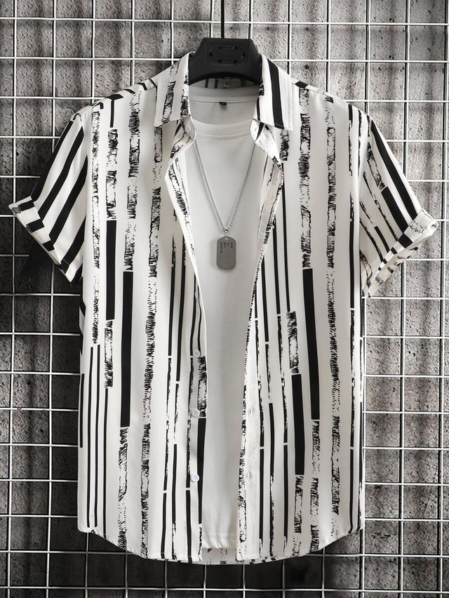 men short sleeve button up graphic stripe shirt