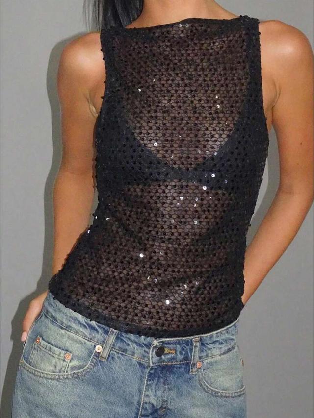 black sequin sheer sleeveless slim fit tank top