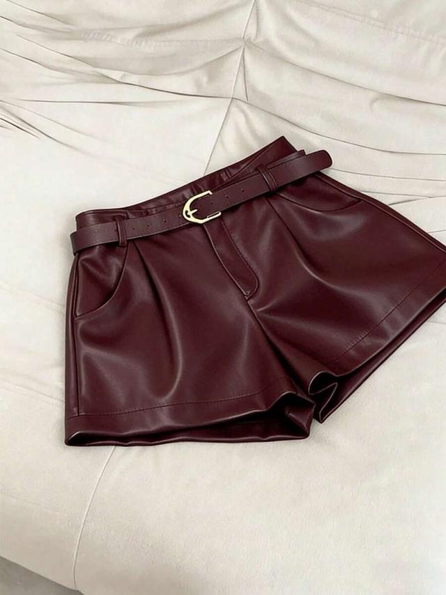 burgundy pu leather pleated waist shorts with belt