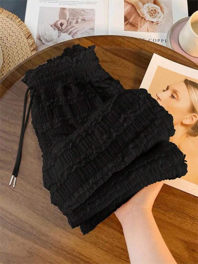 black frill trim slim straight leg casual pants