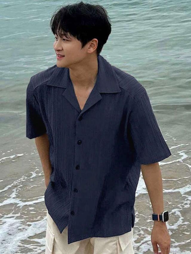 navy blue textured short sleeve casual shirt