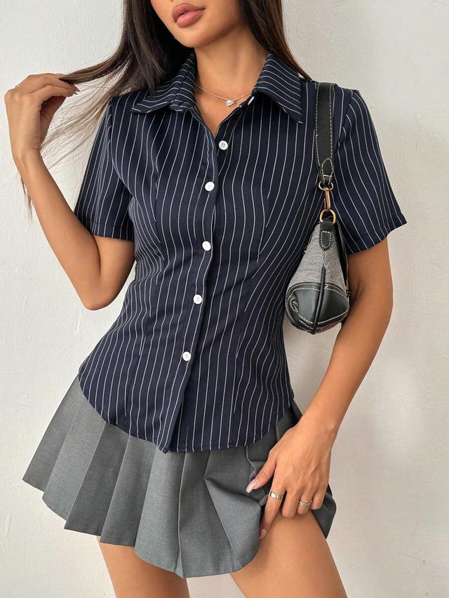 women's slim fit navy pinstripe button-down shirt