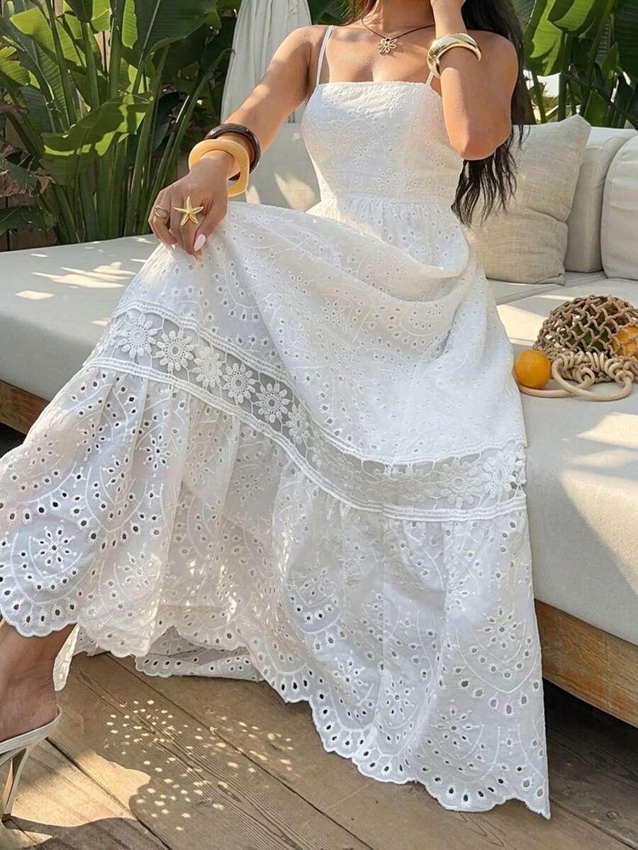 white embroidered eyelet strapless camisole maxi dress
