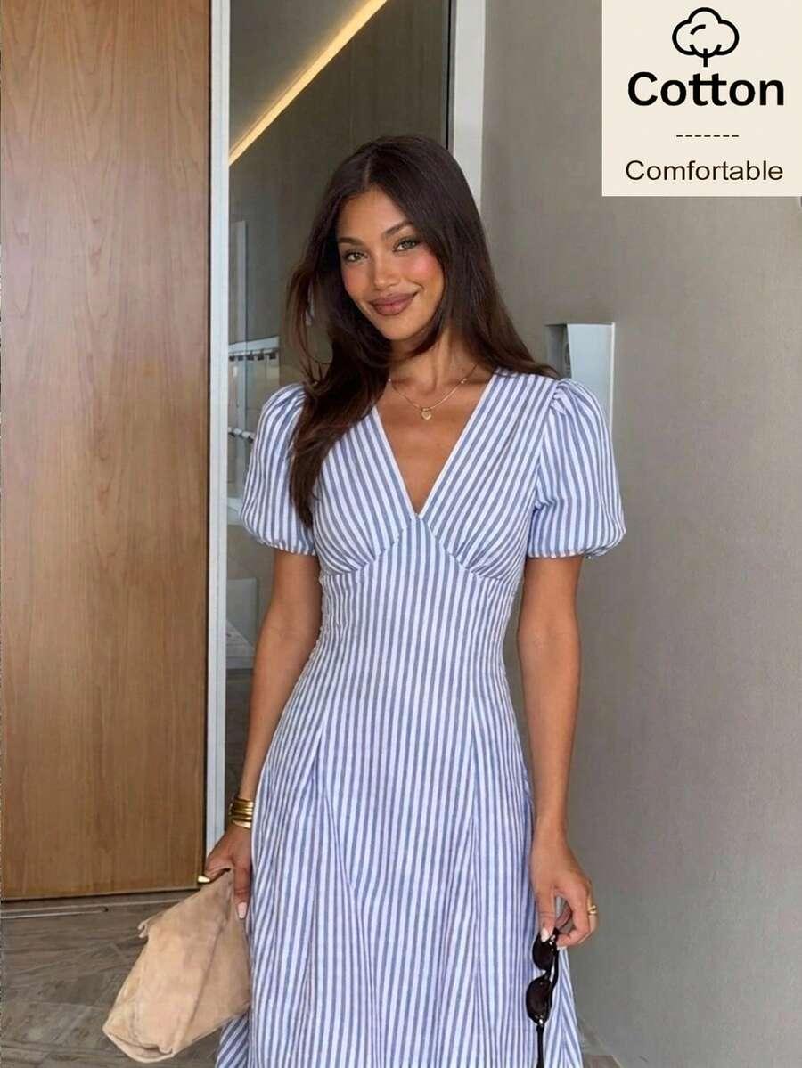 blue and white striped puff sleeve midi dress