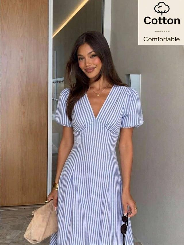 blue and white striped puff sleeve midi dress
