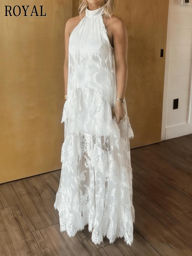 white lace halter neck tiered maxi dress