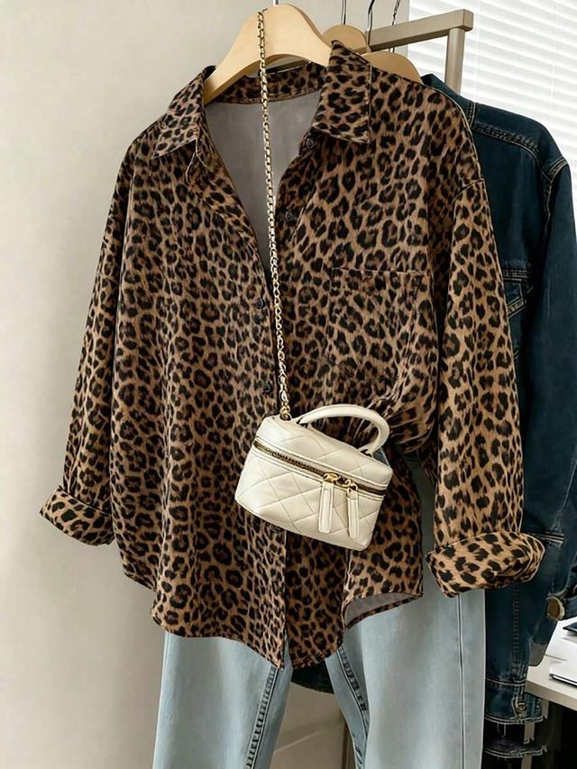 leopard print loose fit button down shirt