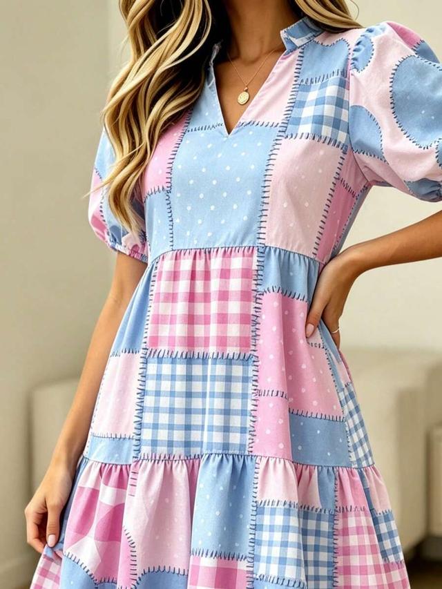 patchwork cotton dress with gingham and polka dots