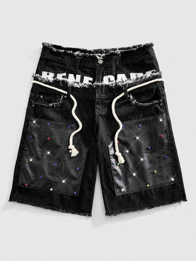 black denim shorts with embellished faux leather patchwork
