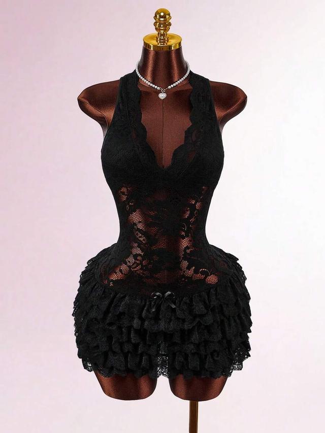 black lace deep v layered ruffle mini dress