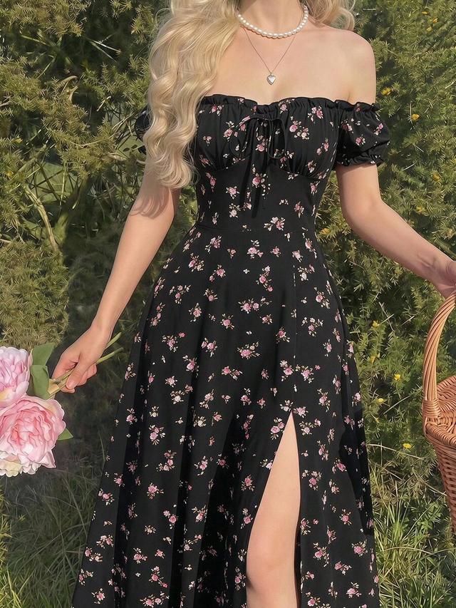 black floral off-shoulder midi dress with front slit
