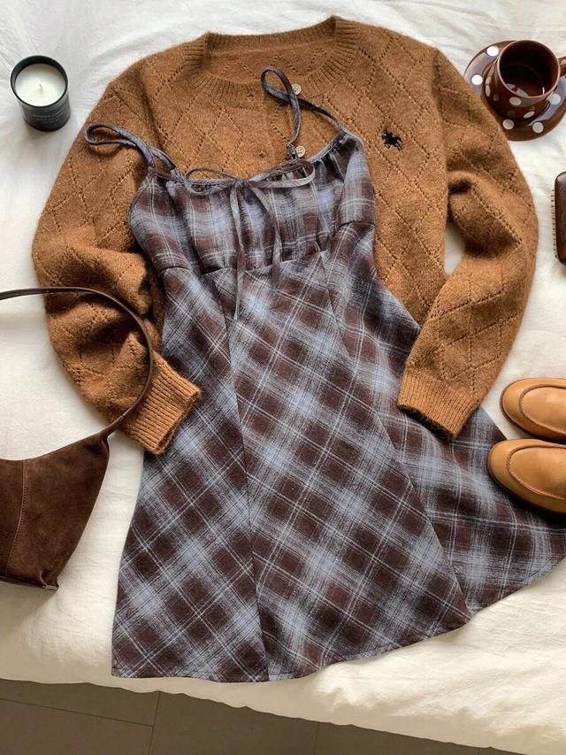 brown plaid square neck mini suspender dress