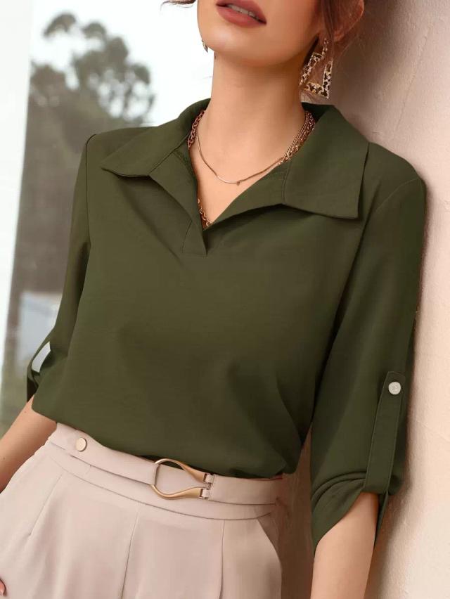mulvari roll-up sleeve solid olive green blouse
