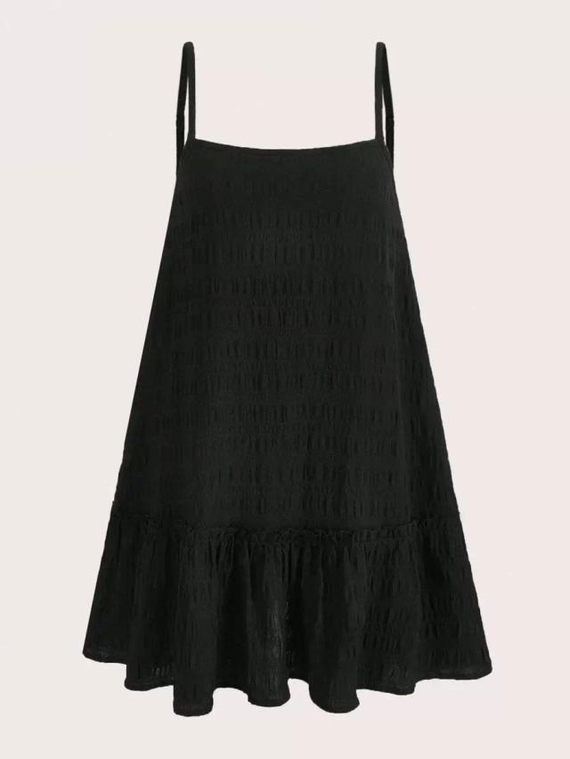 black square neck smocked flare hem sun dress