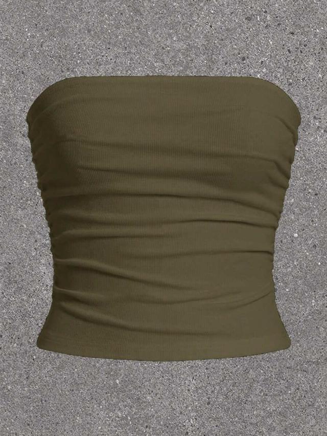 olive green ribbed ruched strapless tube top