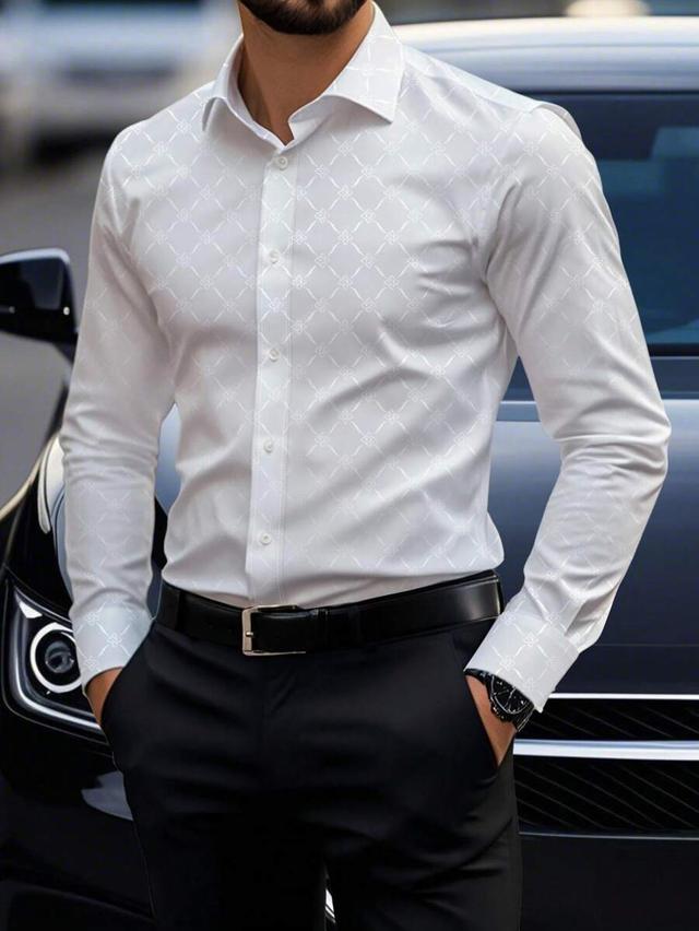 white patterned slim fit long sleeve dress shirt