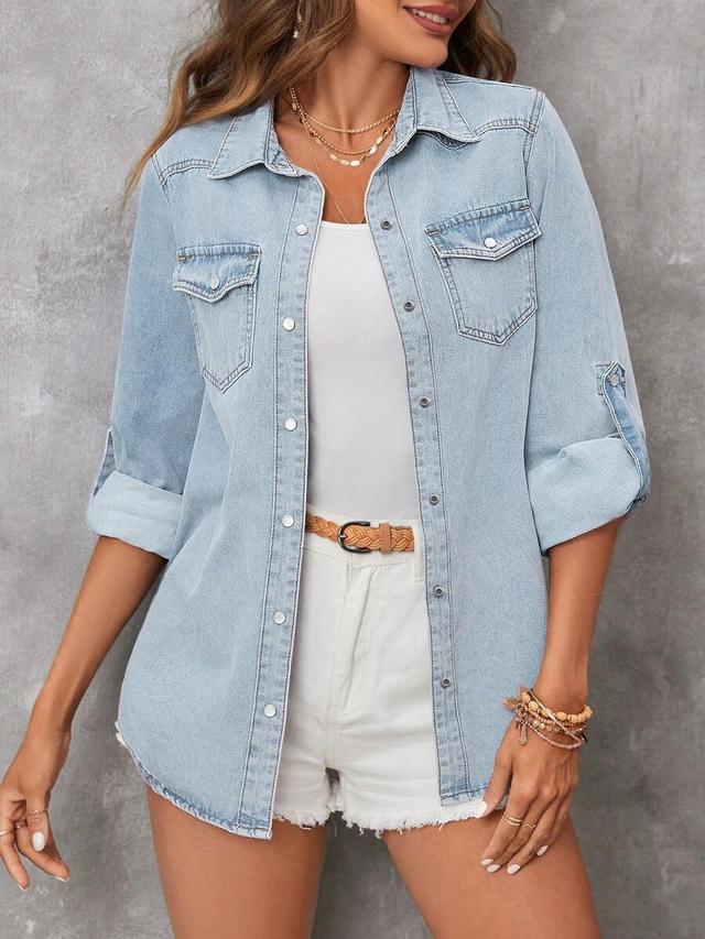 light wash denim button up shirt with flap pockets