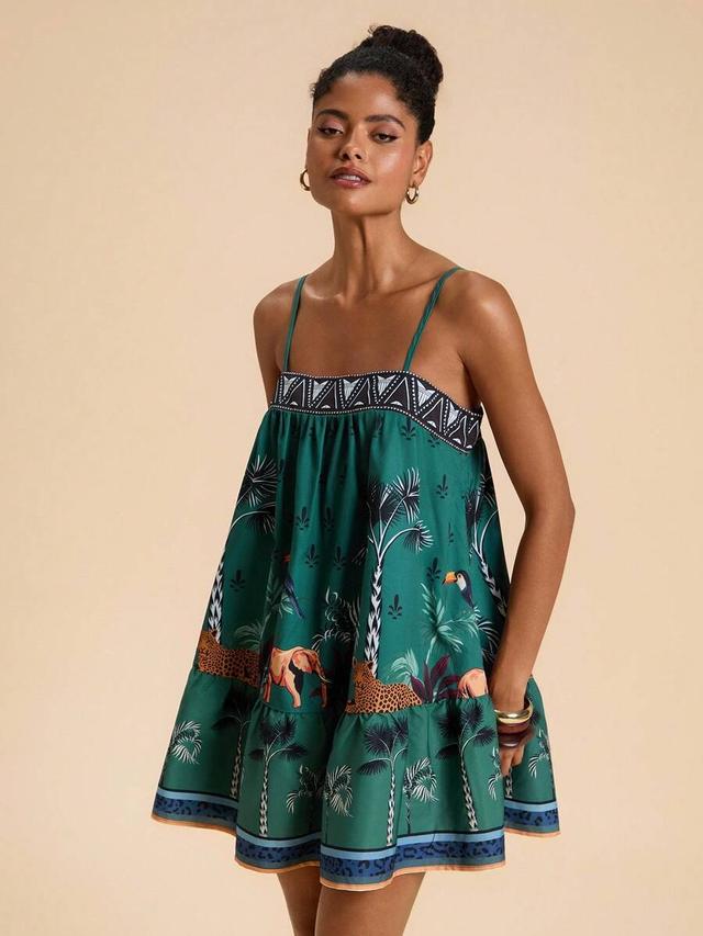 green palm and leopard print ruffle hem dress