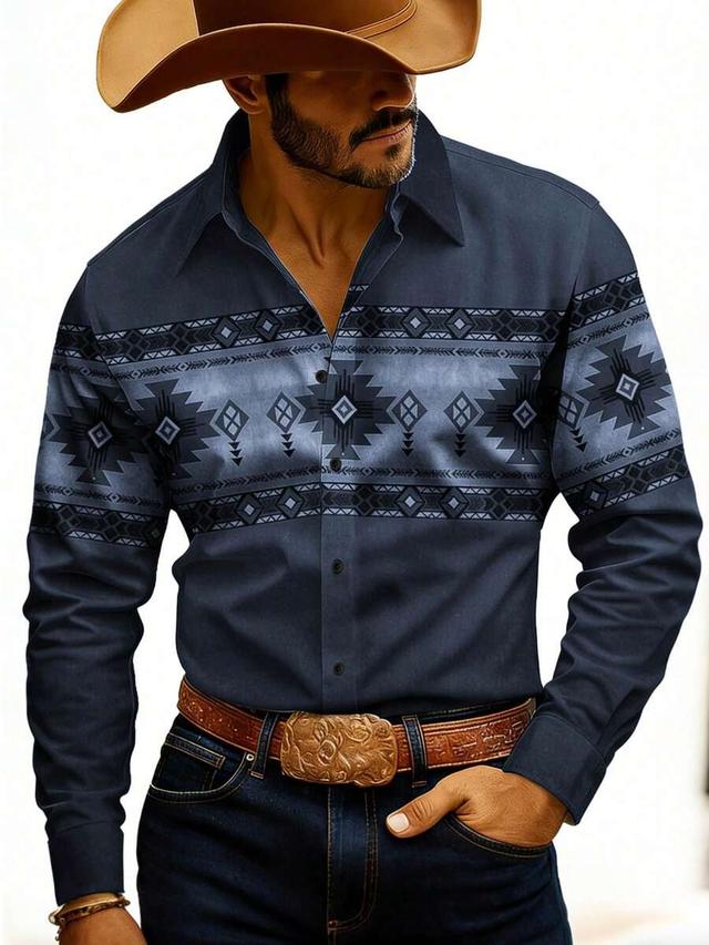 men's vintage western geometric print long sleeve shirt