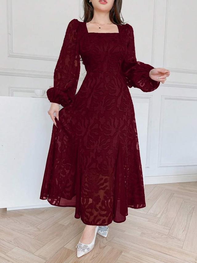 burgundy square collar cinched waist lantern sleeve dress