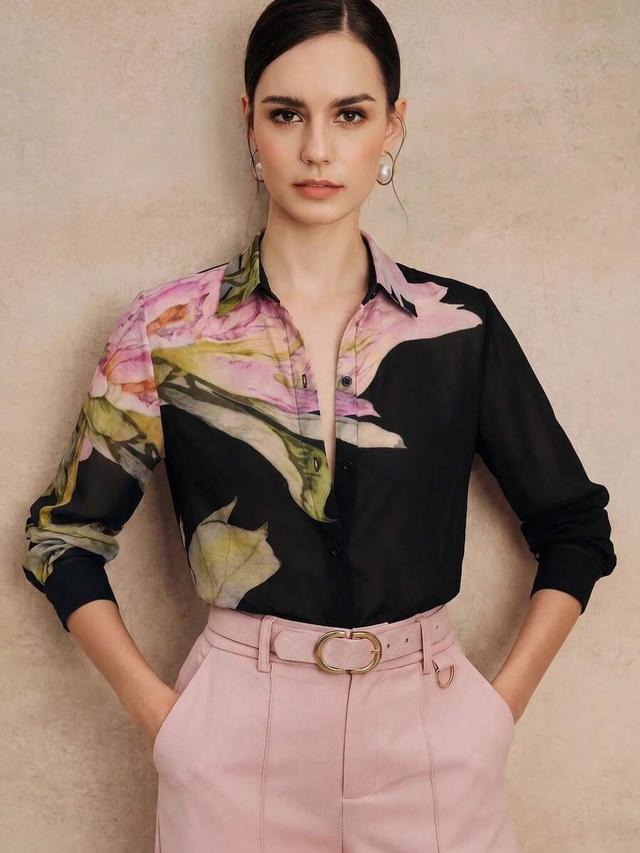 elegant floral print chiffon long sleeve blouse