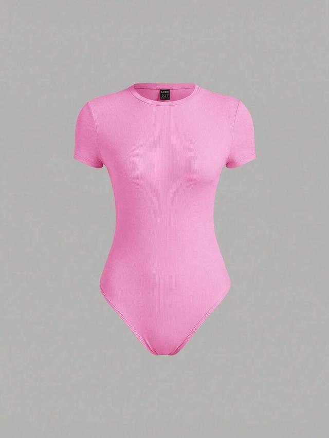 pink ribbed crew neck short sleeve bodysuit