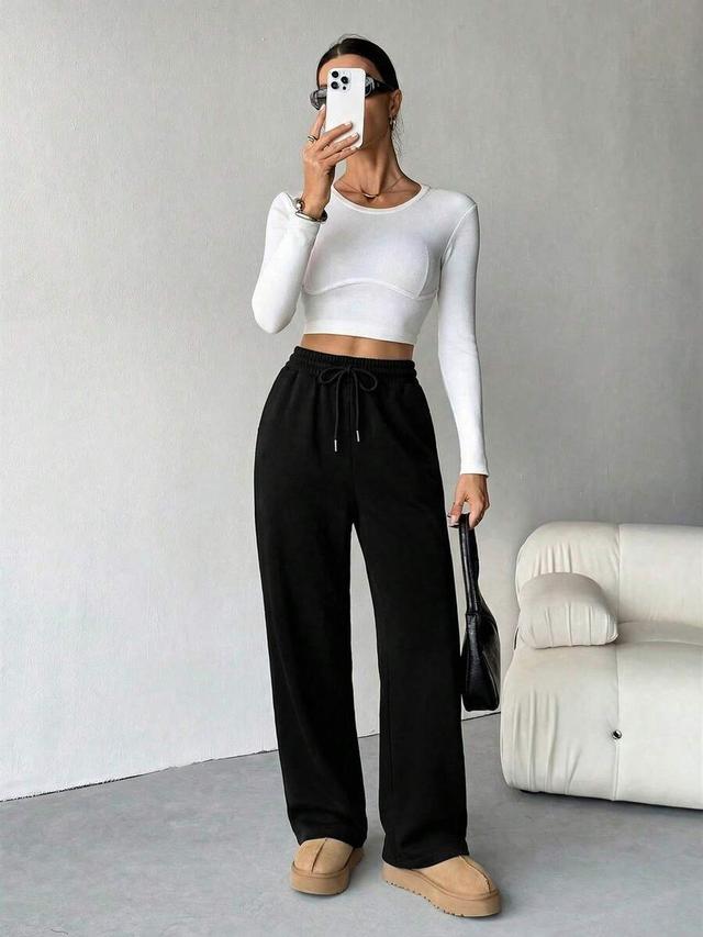 black casual drawstring waist loose sweatpants