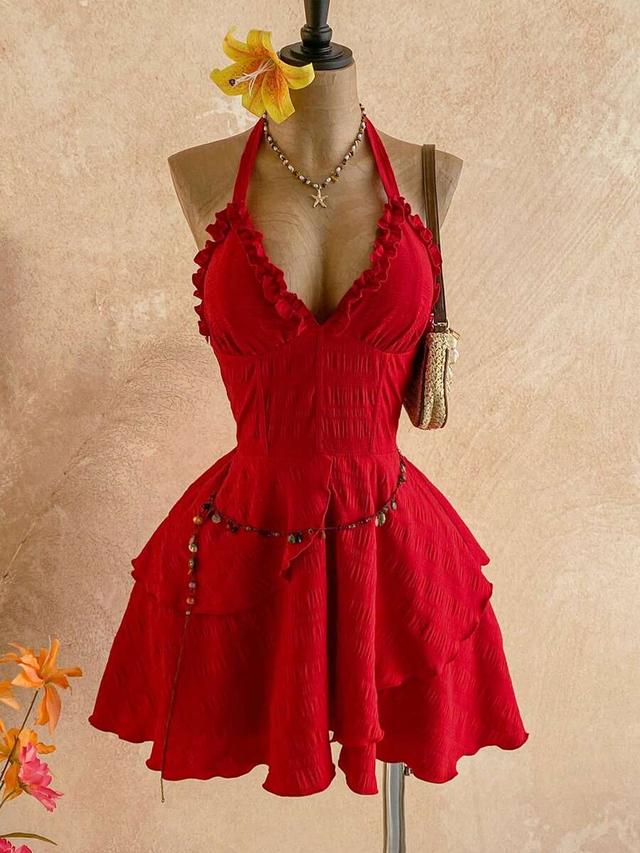 red textured ruffle backless mini dress