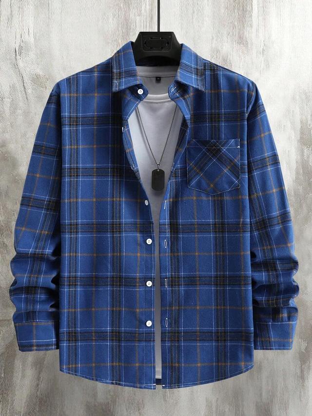 blue plaid long sleeve single-breasted flannel shirt