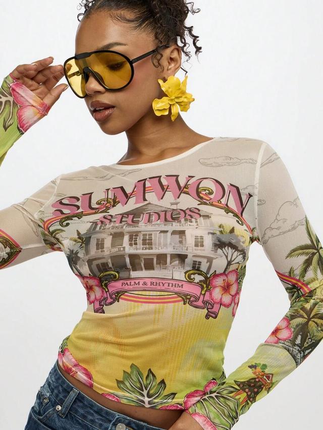 hawaiian scene print long sleeve mesh top