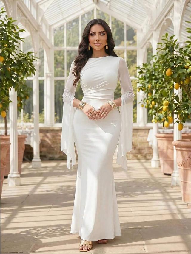 white long-sleeved mesh splicing bodycon fishtail evening dress